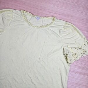 Talbots Puff Sleeve Top Women 3X Yellow Eyelet Ruffle Neck Blouse Pastel Easter